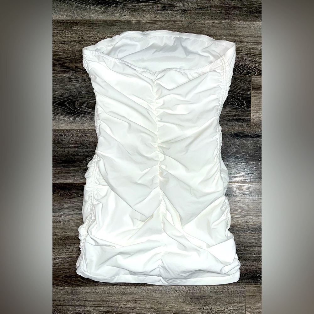 White Strapless Sleeveless Ruched Bodycon Mini Dress Zip Up Large
